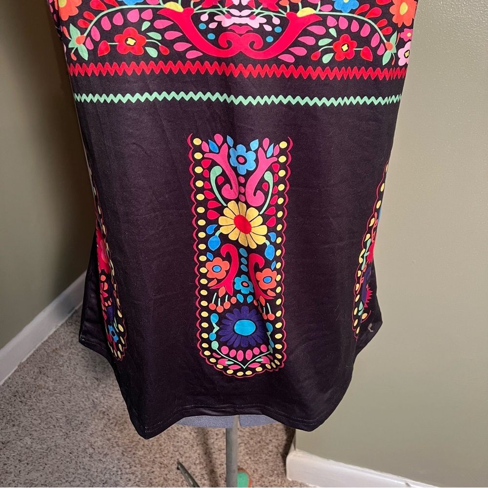 Tank Top Black Scoop Neck Mexican Floral 2XL - Picture 7 of 9
